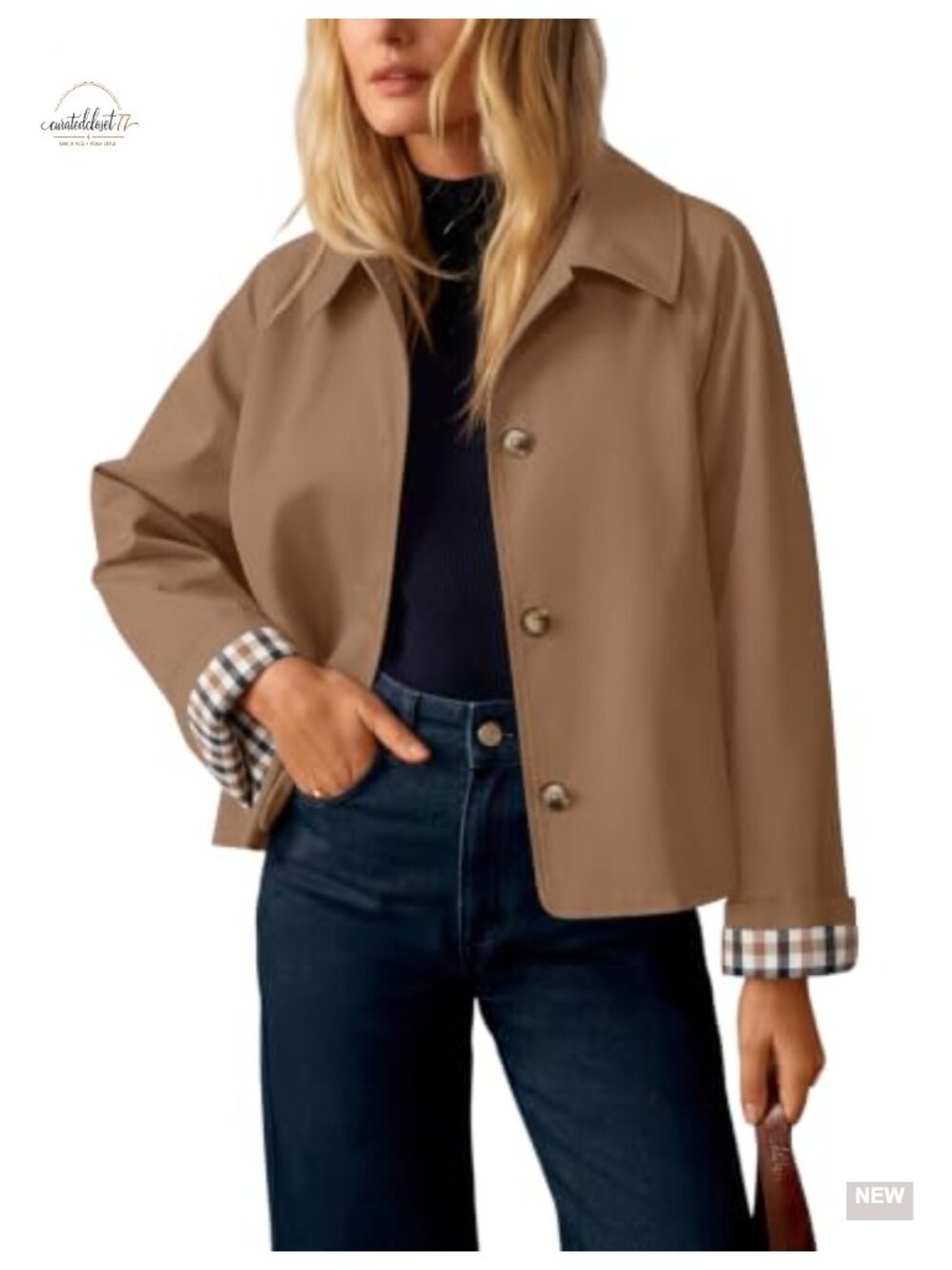Cropped Trench Coat Plaid Button Front Fall Jacket
